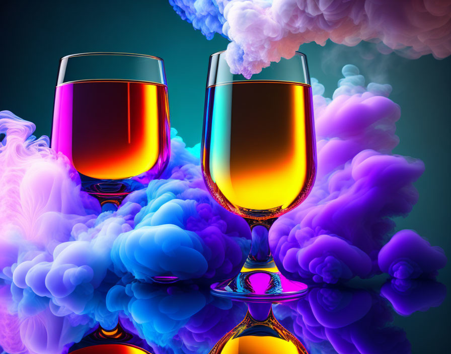 Colorful Liquid in Glasses with Swirling Smoke on Dark Background