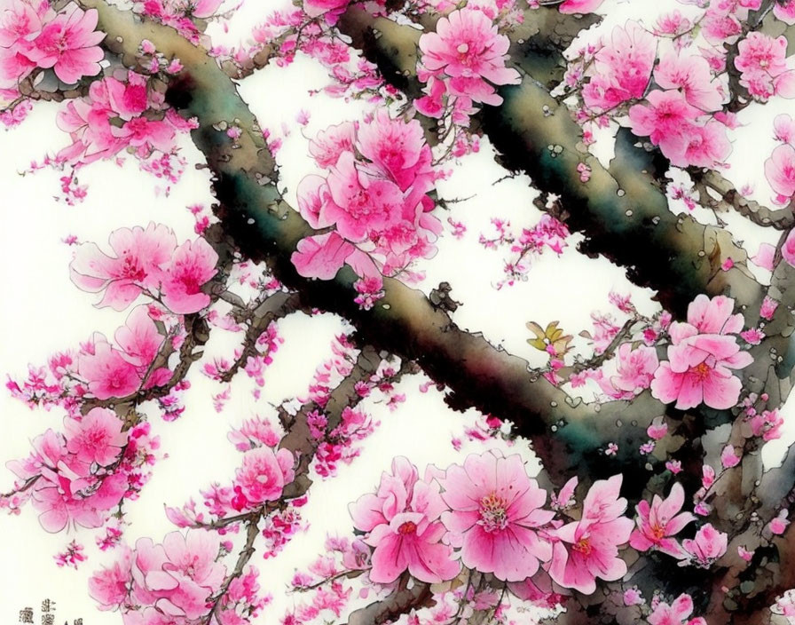 Delicate Pink Cherry Blossoms on Dark Branches in Asian Watercolor Style