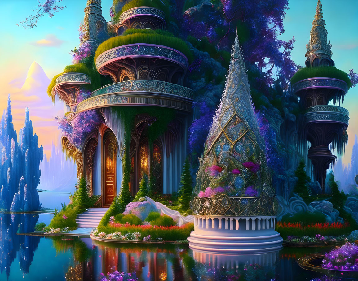 Fantasy landscape with intricate tree-like structures and vibrant foliage