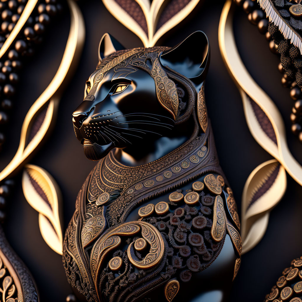 Intricate Black Leopard Sculpture with Golden Patterns on Dark Background