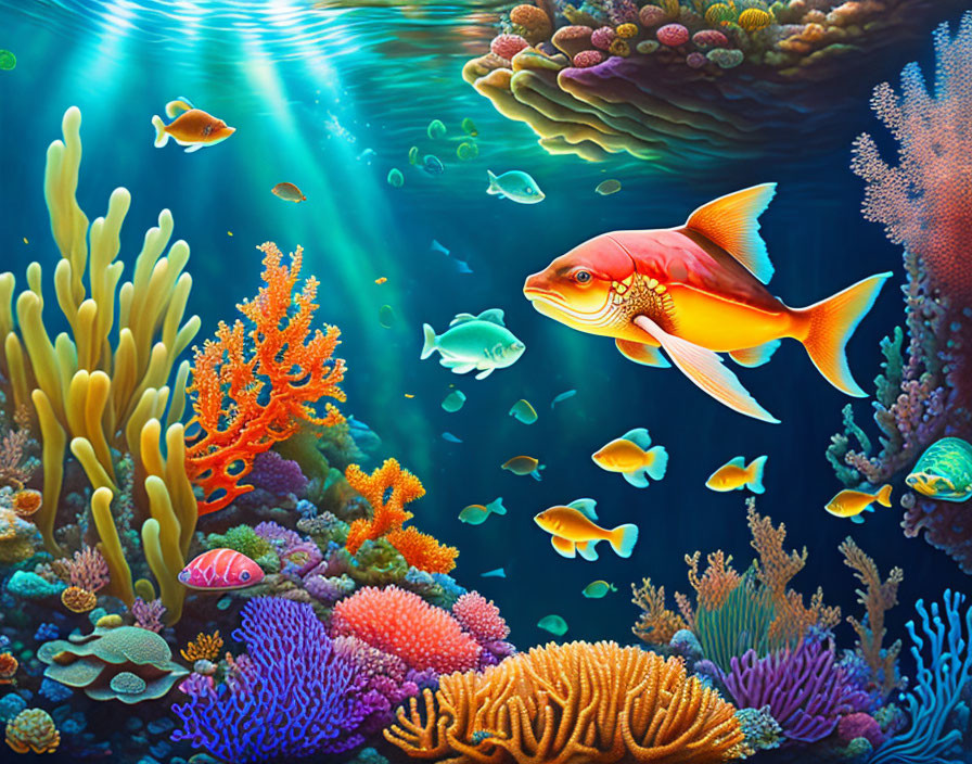 Colorful Coral Reef and Fish in Sunlit Underwater Scene