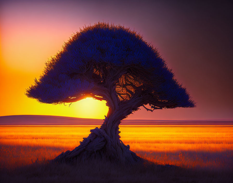 Twisted tree with blue foliage against orange sunset