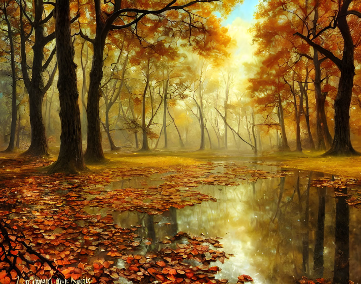 Tranquil autumn forest with golden leaves reflected in water