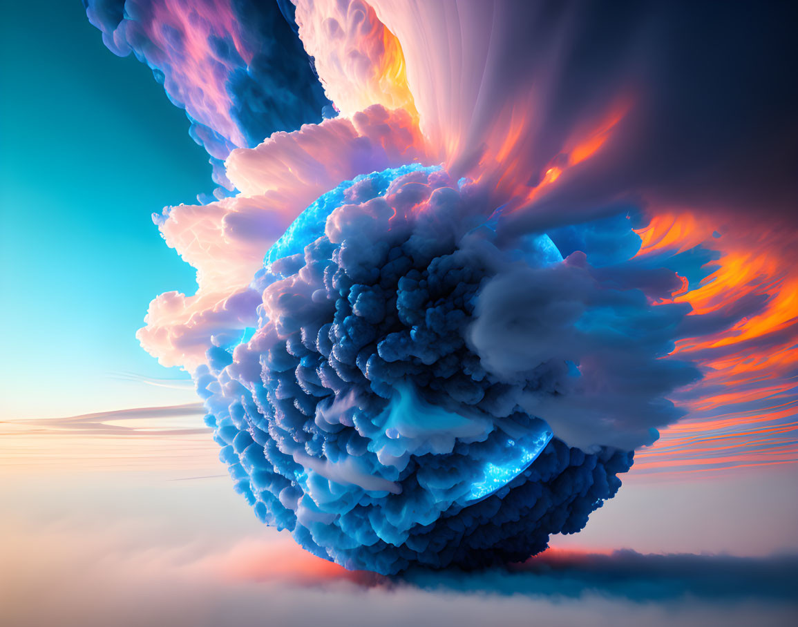 Vivid sunset sky illuminating massive surreal cloud formation