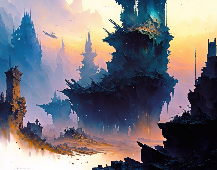 Vibrant fantasy landscape with floating islands and towering spires