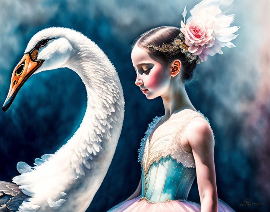 Surreal ballet-themed artwork with girl in swan costume and floral headpiece