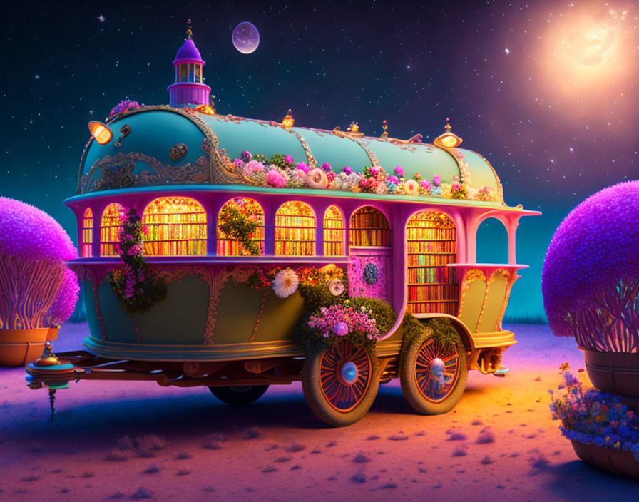 Vintage-style bus with flowers and lights under starry night sky and glowing purple trees