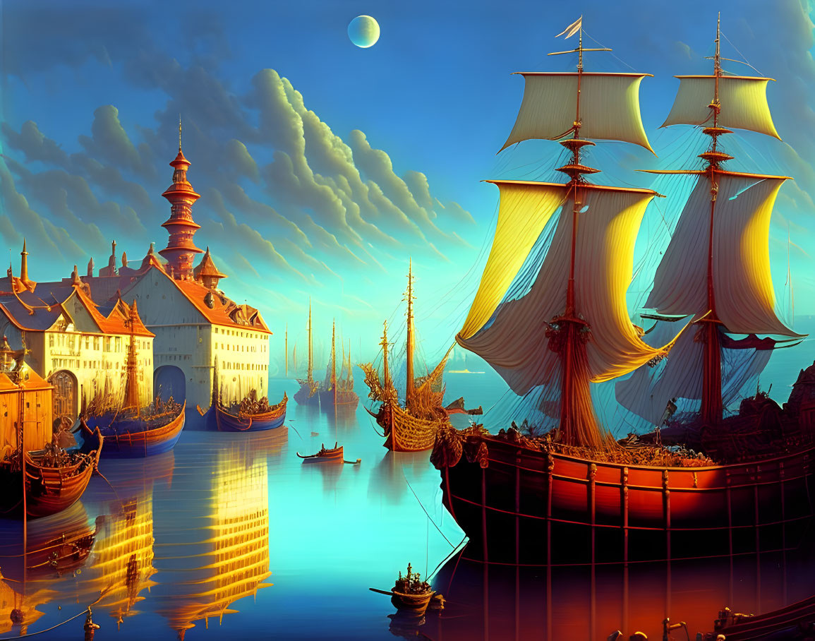 Historic harbor scene with tall ships, calm waters, and golden sky