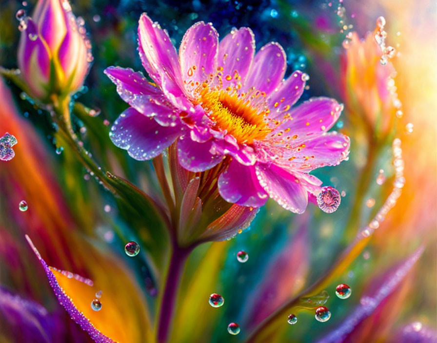 Bright Pink Flower with Dewdrops in Colorful Foliage Under Soft Lighting