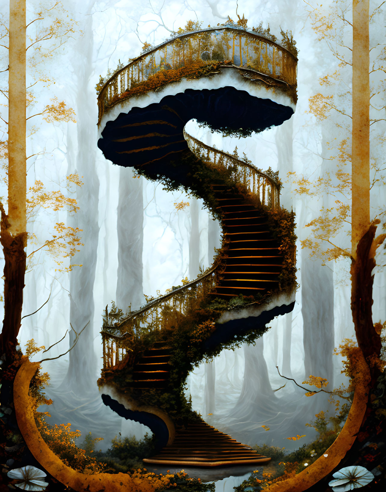 Surreal image of wooden staircase spiraling around tree in mystical forest