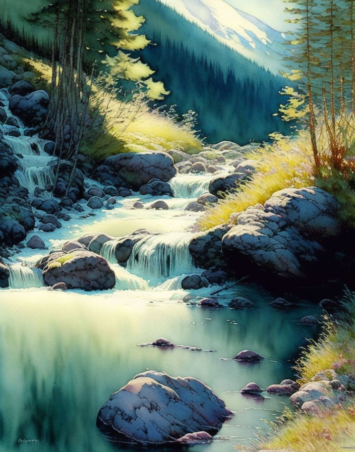 Tranquil watercolor painting of cascading stream in mountain landscape