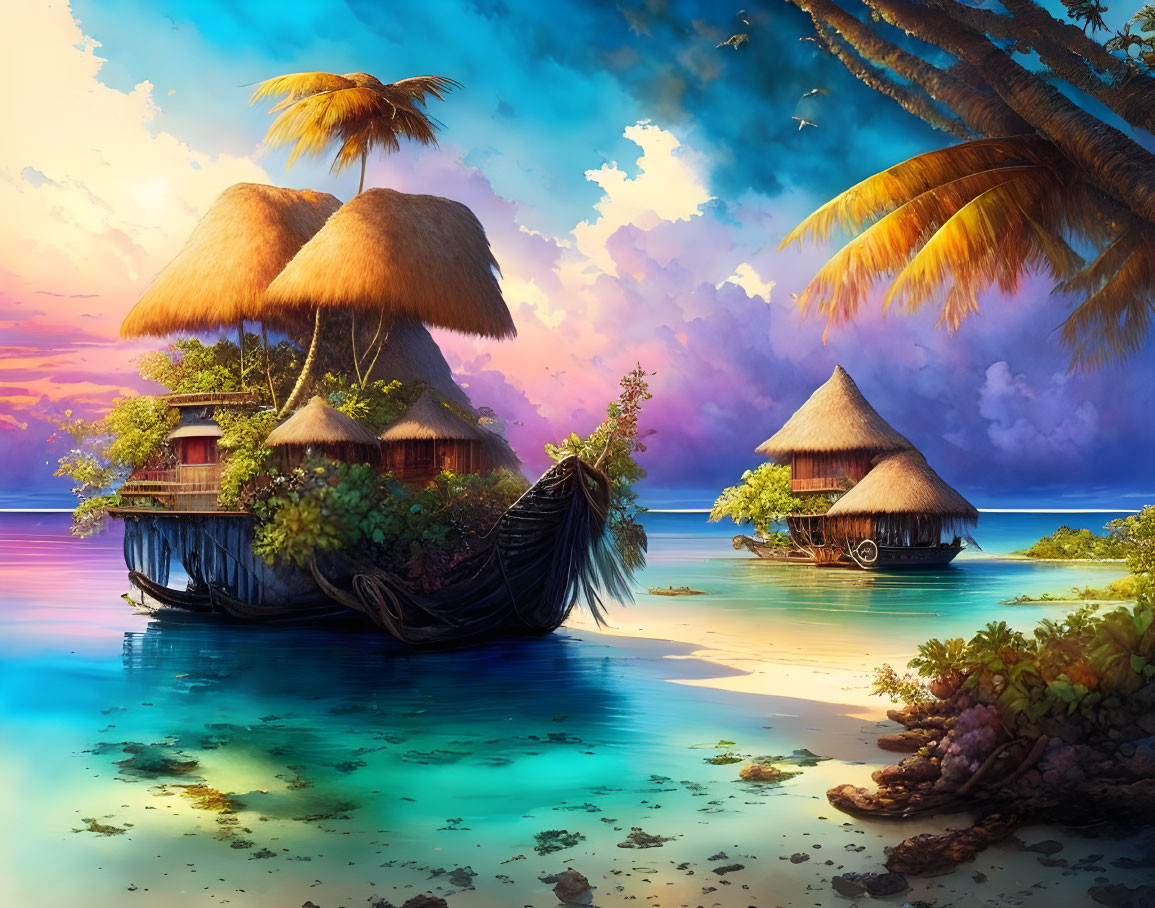 Tropical huts on stilts over clear water at vibrant sunset.