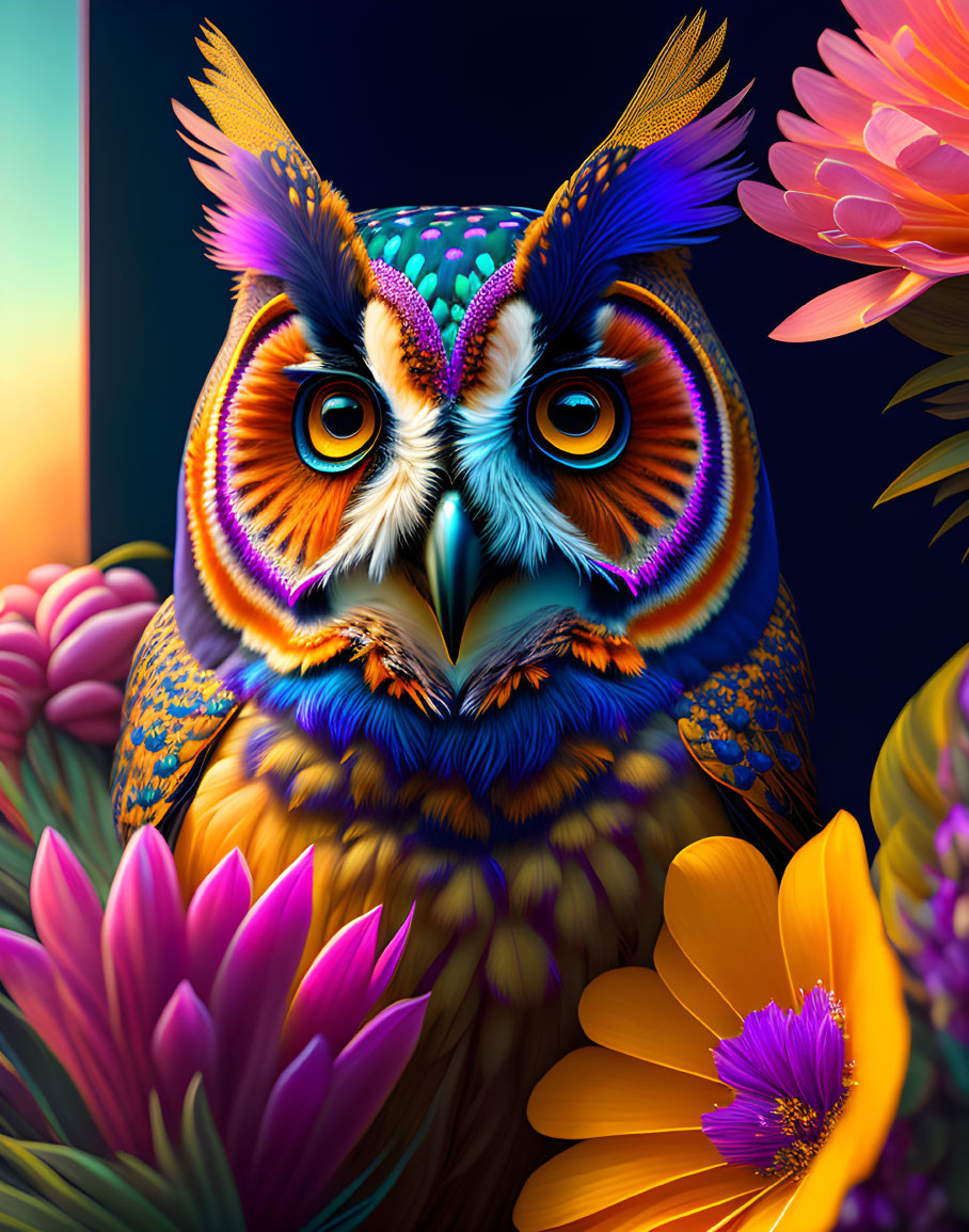 Colorful Owl Art with Floral Patterns on Dark Background