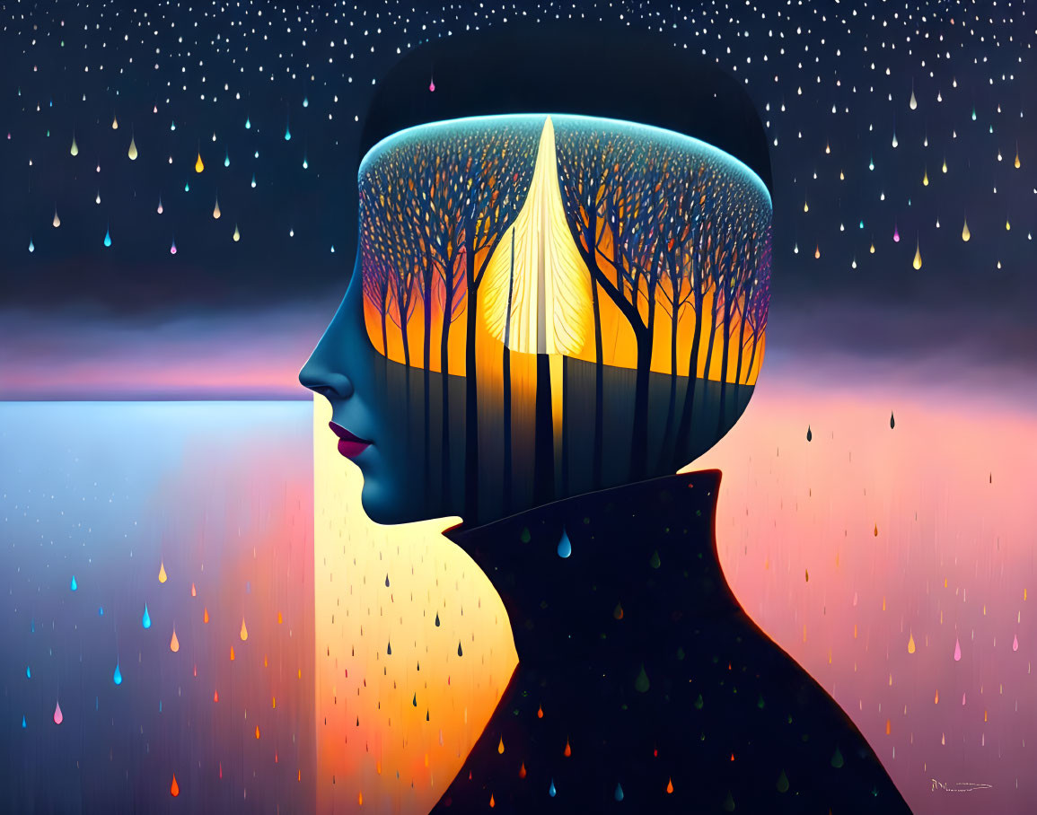 Surreal side profile illustration with glowing tree in head, forest, twilight backdrop, multicolored