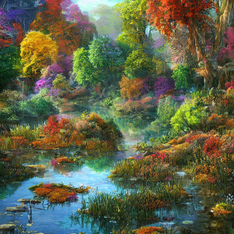 Colorful Autumn Forest Reflecting in Clear Stream