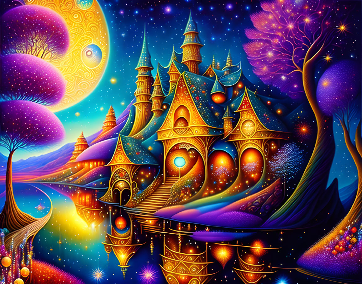 Whimsical illustration of magical castle under celestial sky