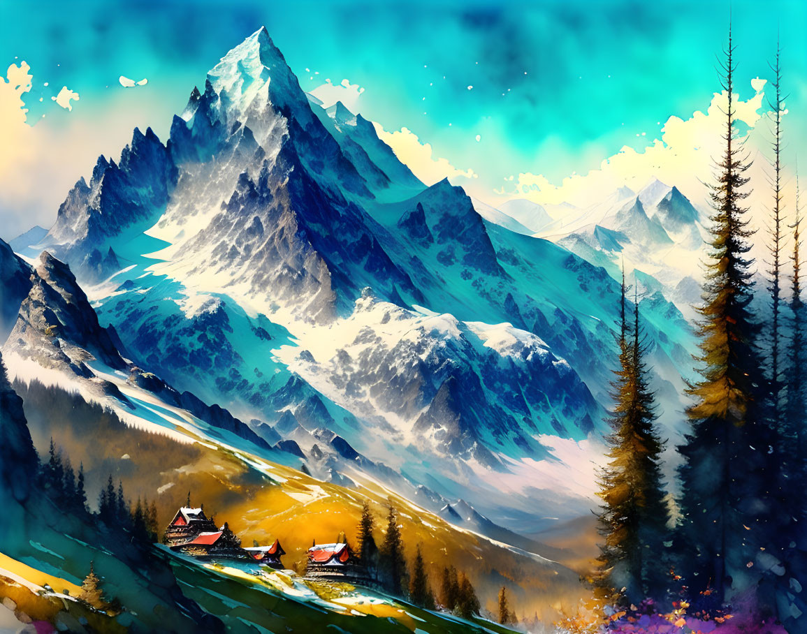 Mountainous landscape digital painting with snow-capped peaks, pine trees, colorful flora, and cottages