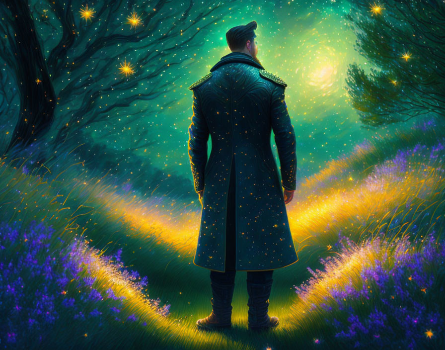 Man in Decorated Coat in Magical Forest with Fireflies and Purple Flowers