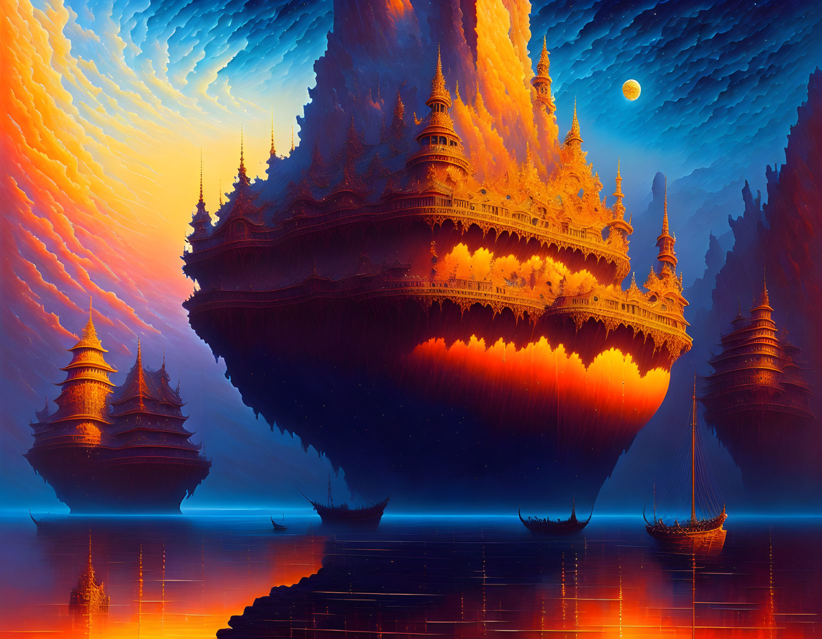 Fantastical landscape with floating temples and colorful sky