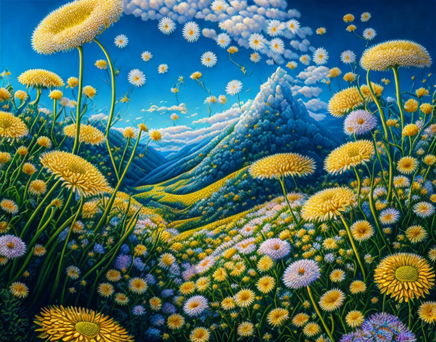 Scenic painting of dandelion field with mountain backdrop