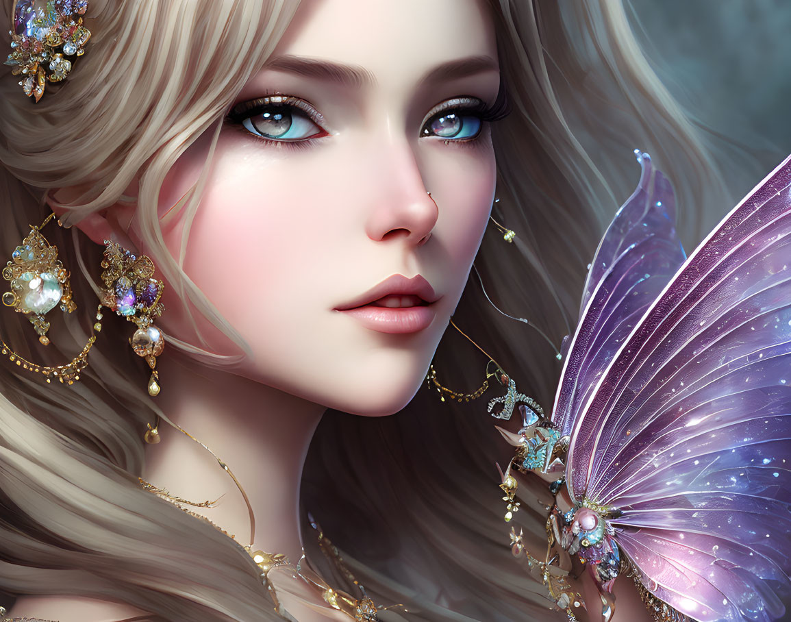 Fantasy female character portrait with blue eyes, gold jewelry, and purple butterfly.