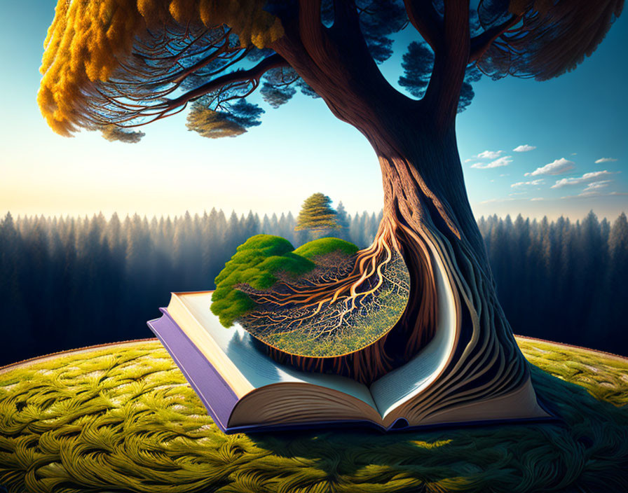 Surreal image of open book with tree growing from pages