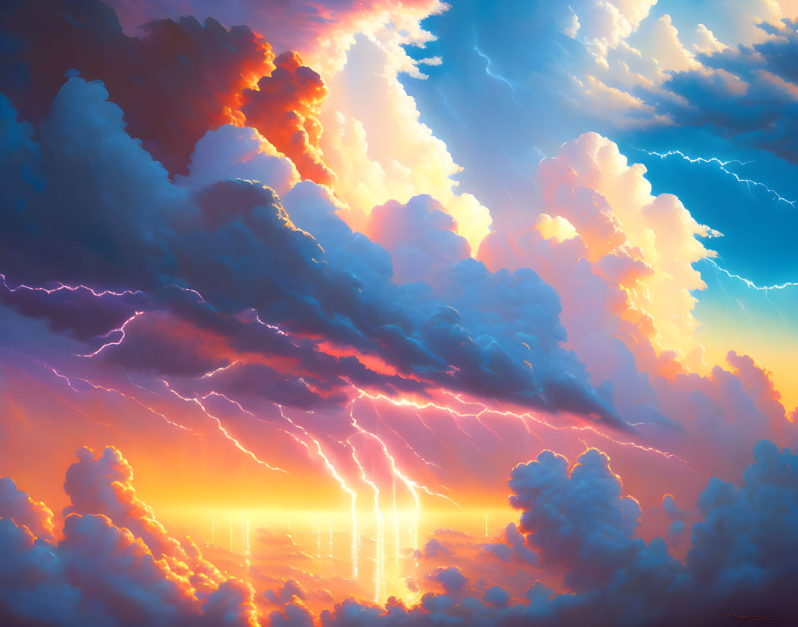 Dynamic digital artwork: vivid sky with fiery orange clouds and lightning streaks