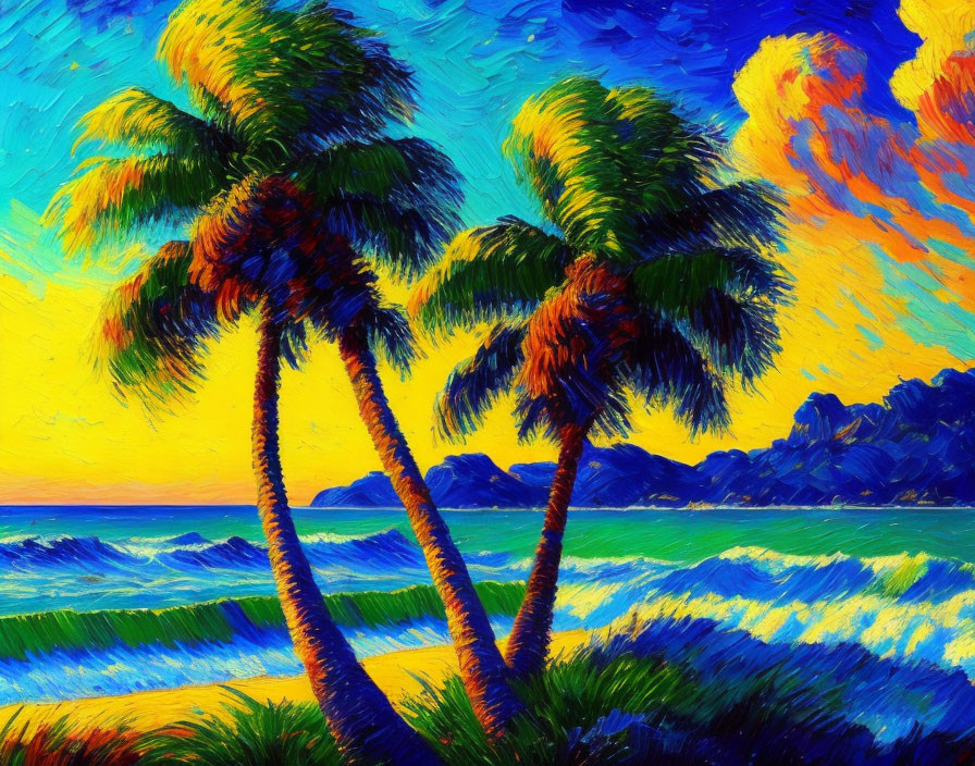 Colorful Expressionistic Palm Trees Painting at Sunset