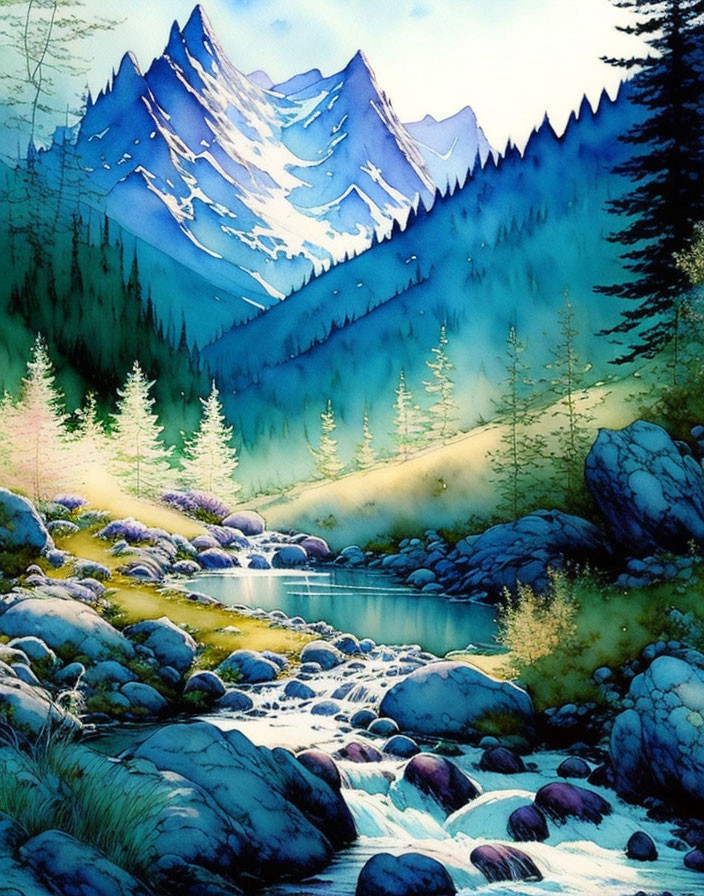 Serene mountain landscape with forest, river, and misty ambiance