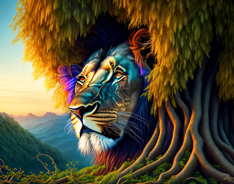 Colorful lion's face in neon-lit forest with mountain backdrop