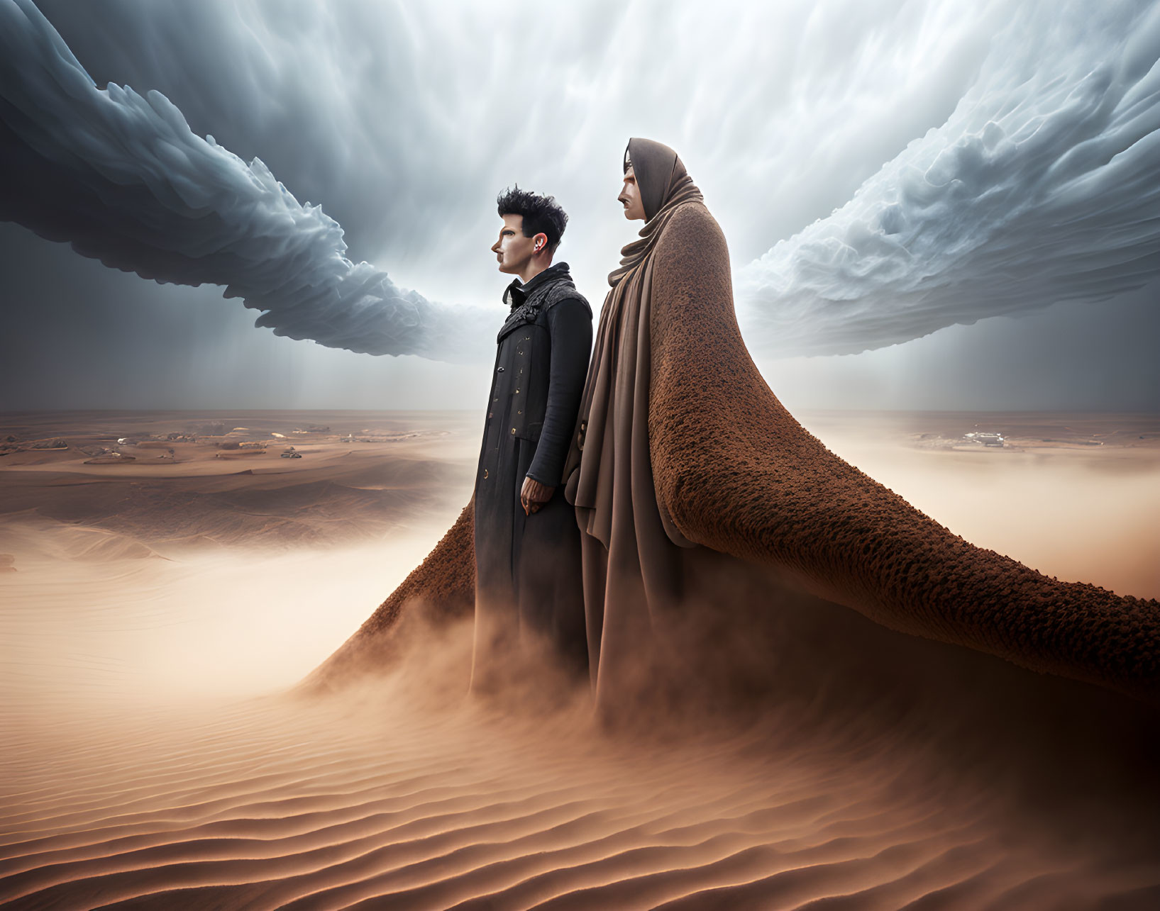 Two individuals on sandy dune under opposing clouds in surreal desert.