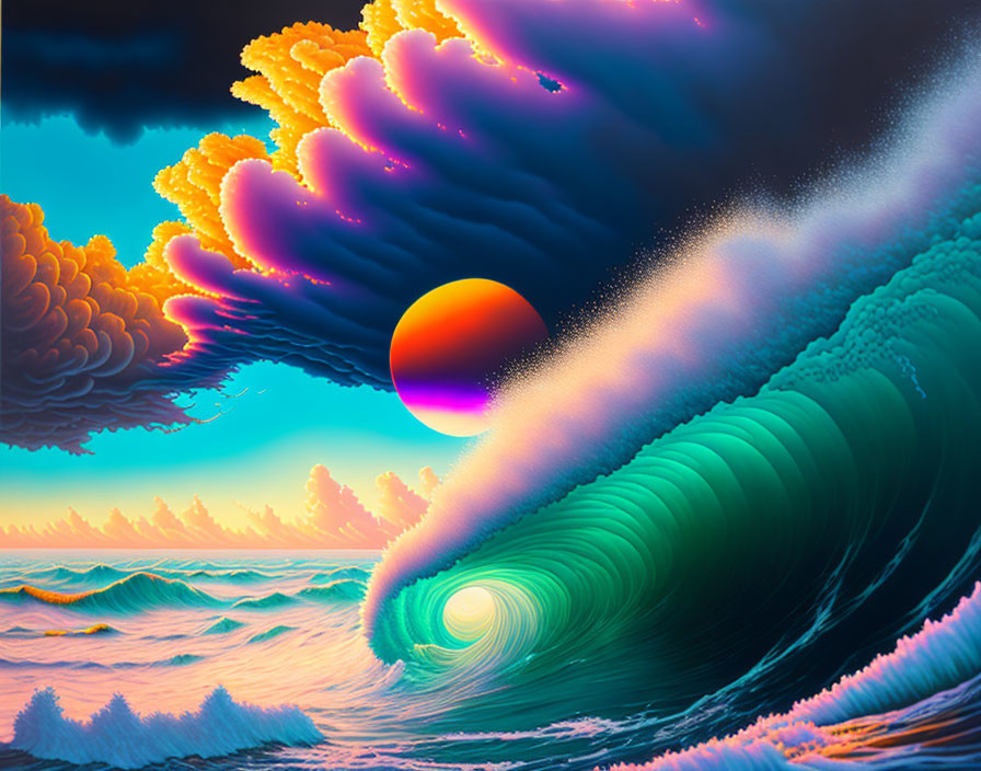 Surreal ocean scene with large wave and colorful sky