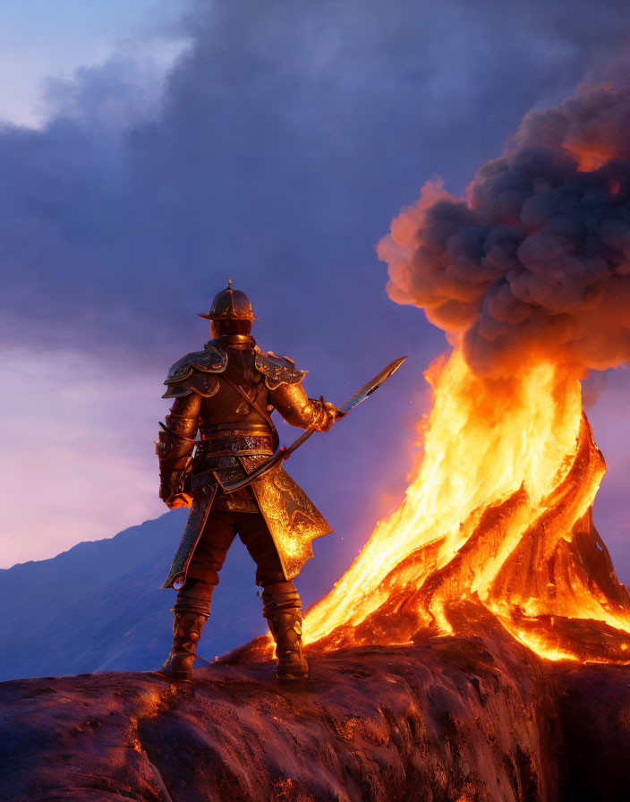 Medieval knight in full armor near erupting volcano.