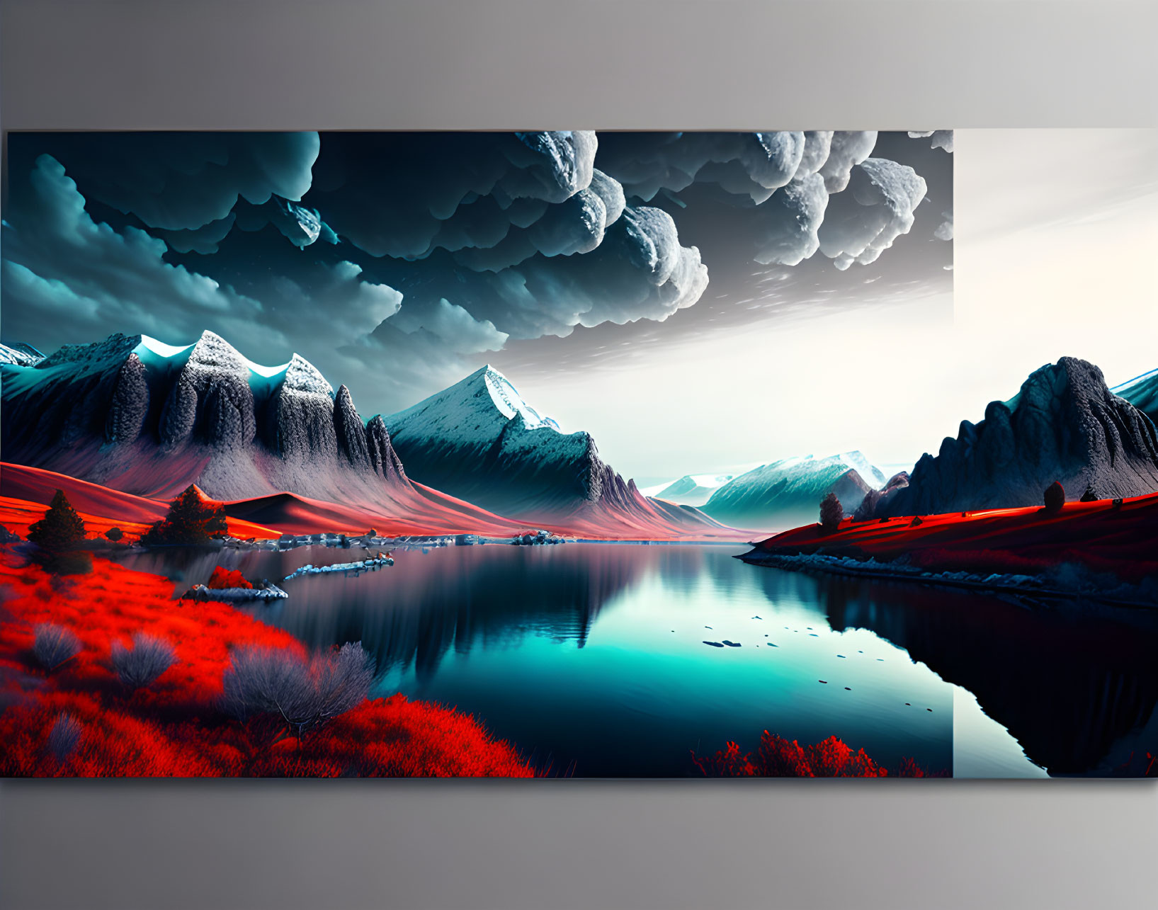 Surreal landscape digital artwork: red grass, blue lake, snow-capped mountains.