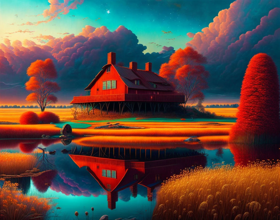 Red house in autumn scene with lake and sunset sky