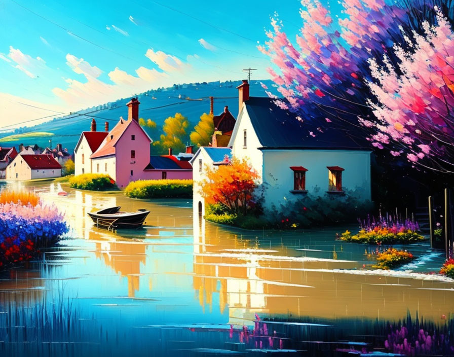 Colorful riverside village painting with blossoming trees and boat on calm water