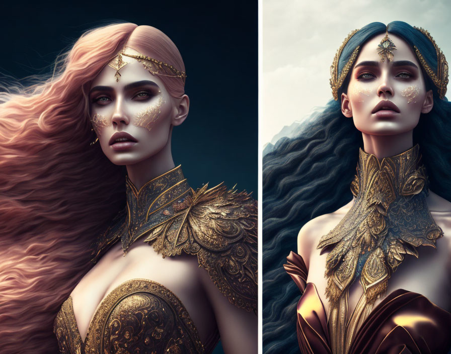 Stylized portraits of women in ornate gold armor with flowing hair and delicate facial adornments