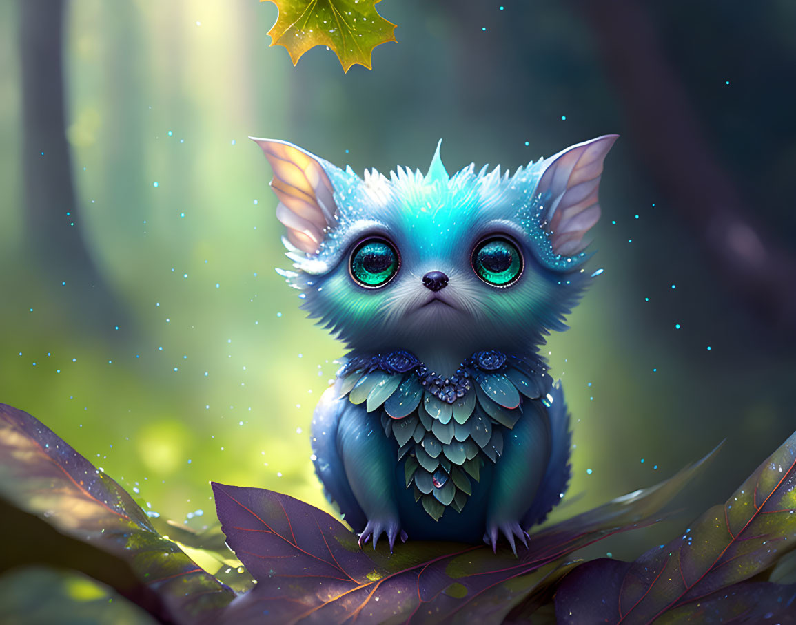 Mythical creature with green eyes, blue fur, feather-like scales, and big ears in magical