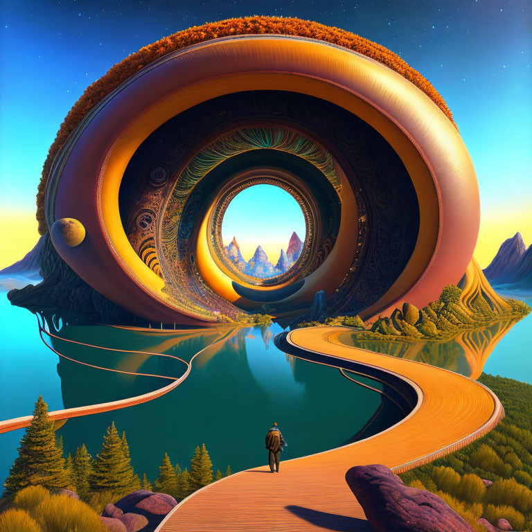 Person on winding path in surreal circular landscape with mountains, trees, lake, starry sky