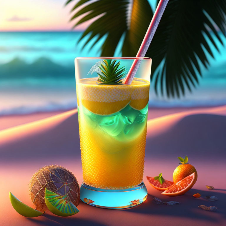 Refreshing tropical drink with citrus and shell on beach at sunset