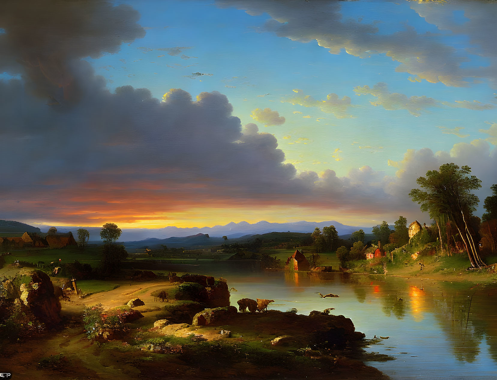 19th-Century Landscape Painting: Pastoral Scene with Cattle, River, Hills, and