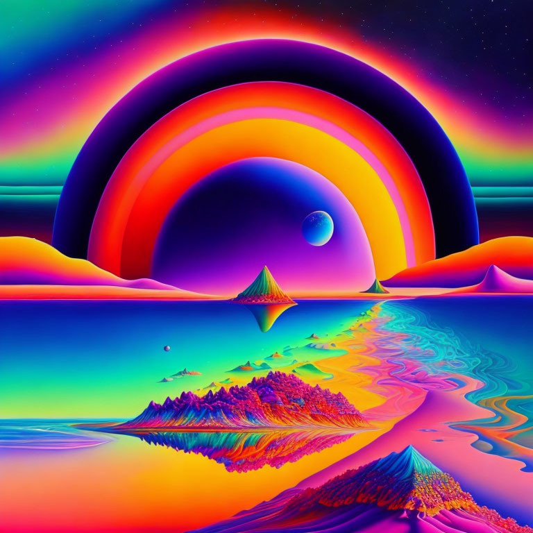 Colorful Psychedelic Landscape with Rainbows, Reflective Water, and Starry Sky