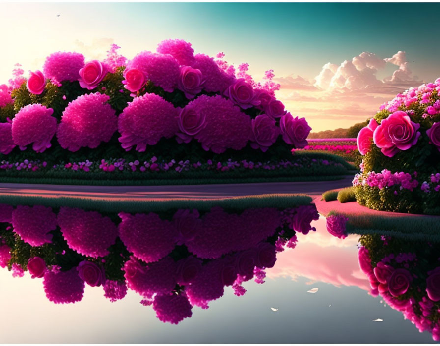 Lush pink floral bushes reflecting in calm water under a soft sunrise or sunset sky