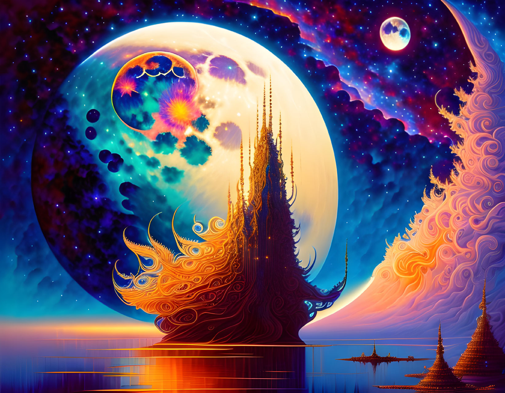 Fantasy landscape with towering tree, oversized moons, swirling sky, and reflective water