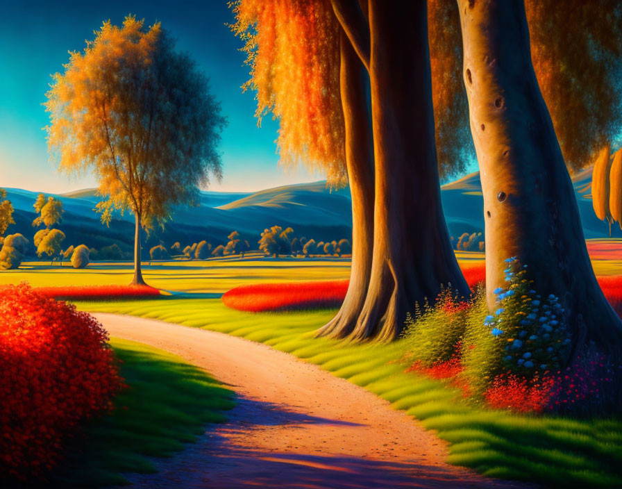 Colorful Landscape Painting of Serene Forest Path