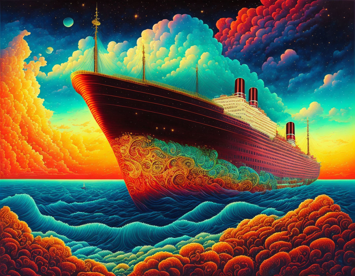 Grand ship sailing on wavy seas at vibrant sunset