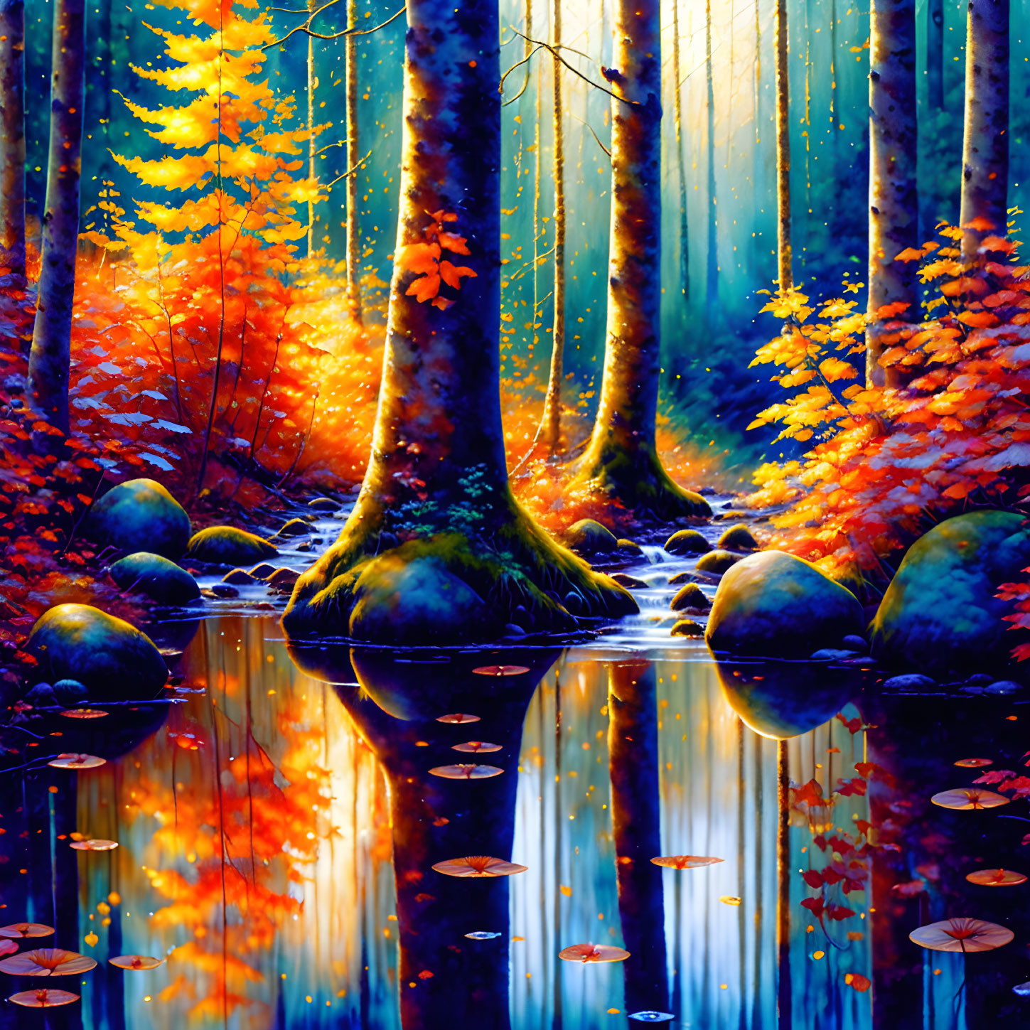 Scenic autumn forest with golden leaves, stream reflections, and serene light