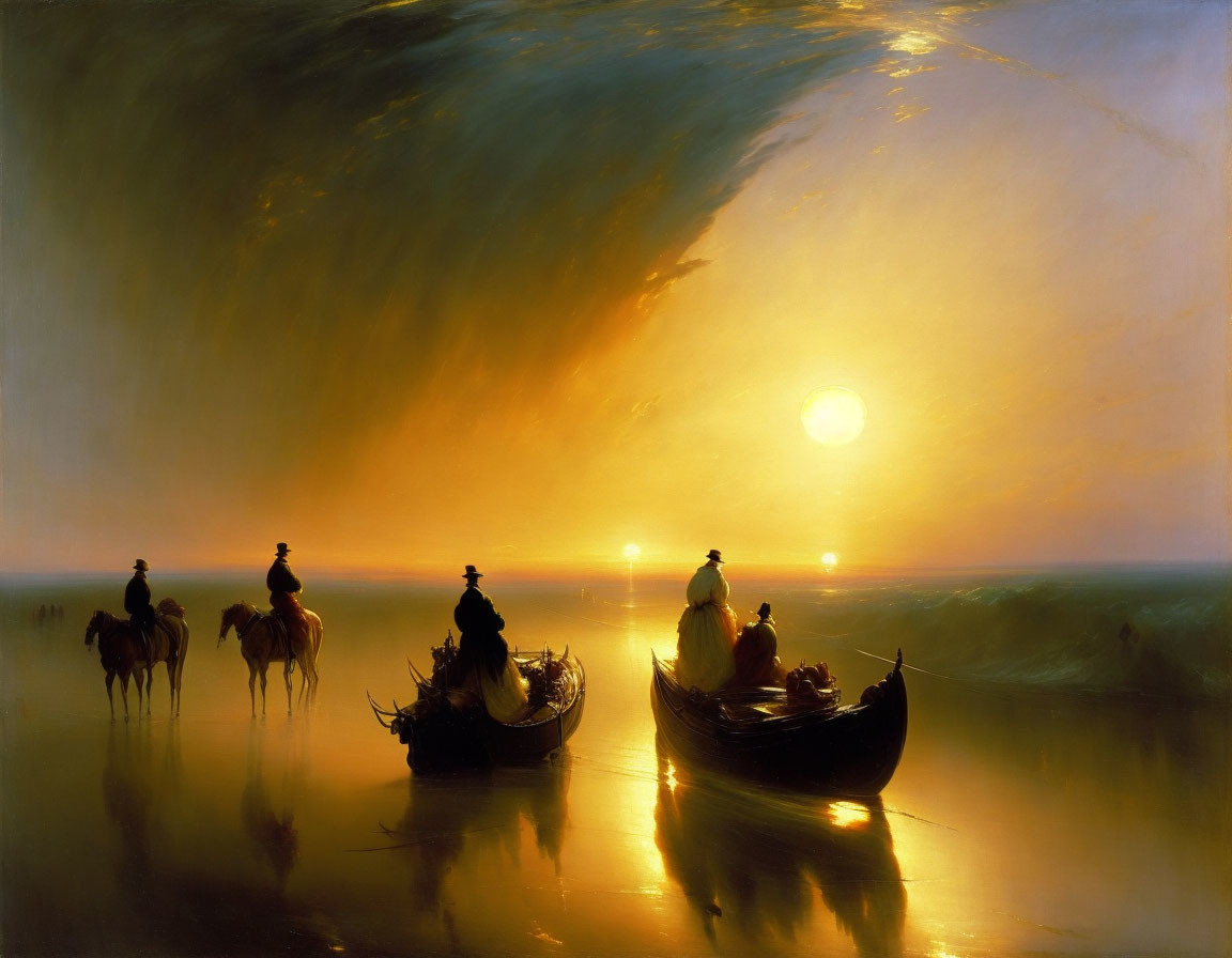 Tranquil sunset scene: figures in boats and on horseback against reflective waters under cloudy sky