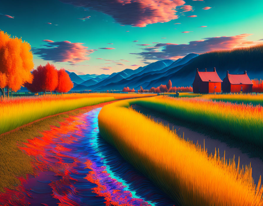 Colorful surreal landscape with blue and pink sky, reflecting in a stream, mountains and huts in