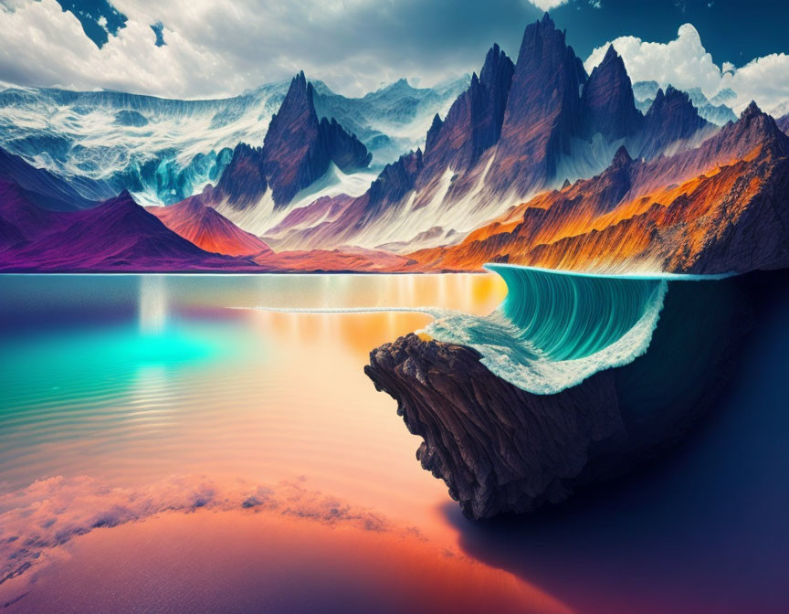 Vibrant mountains reflected in clear lake with curling wave and colorful sky